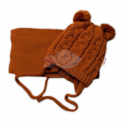 BABY NELLYS Zimná pletená čiapočka s šálom TEDDY - hnědá s brmbolcami, vel. 62/68